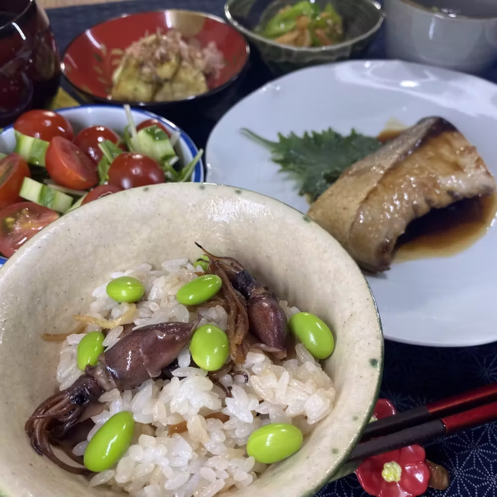 Firefly squid and edamame rice