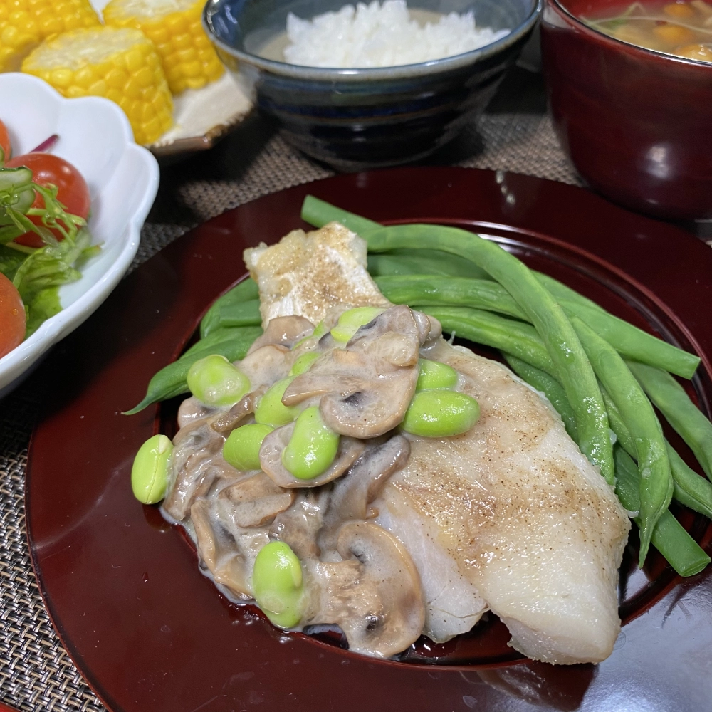 Cod with Mushroom and Edamame White Sauce