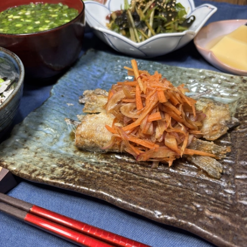 Crispy fried hatahata marinated in a tangy nanban vinegar sauce