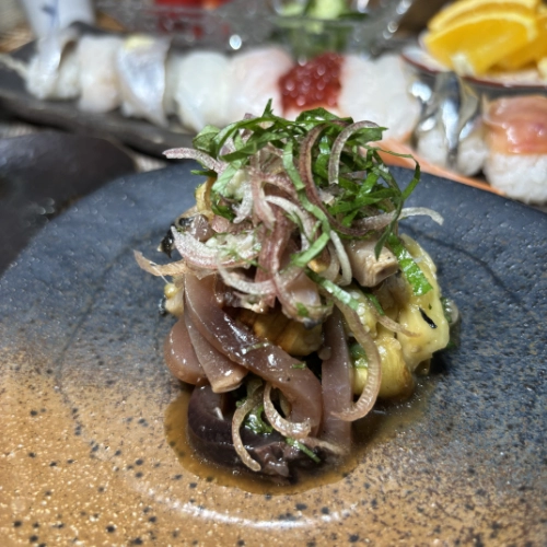 Grilled eggplant and Seared Bonito Japanese-style Yukhoe