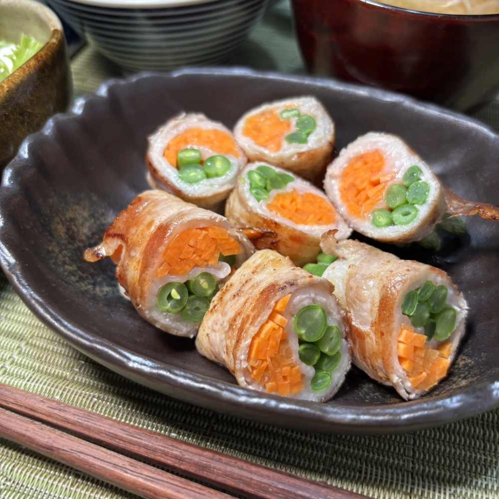 Pork Belly Rolls with Carrot and Green Beans